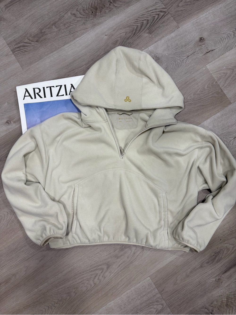 Aritzia Cropped Hooded Pullover Sweater in Light Beige